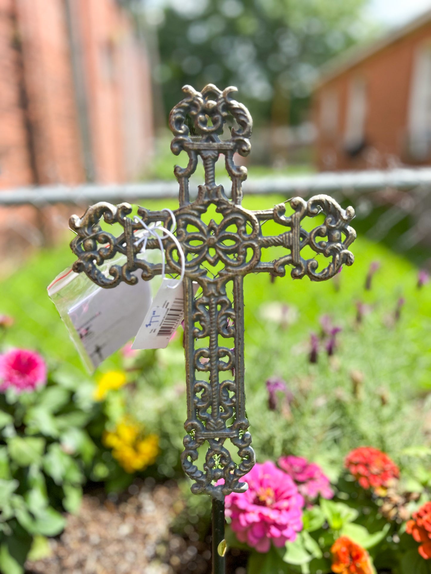 Large Grey with Gold Brush Cross Garden Stake