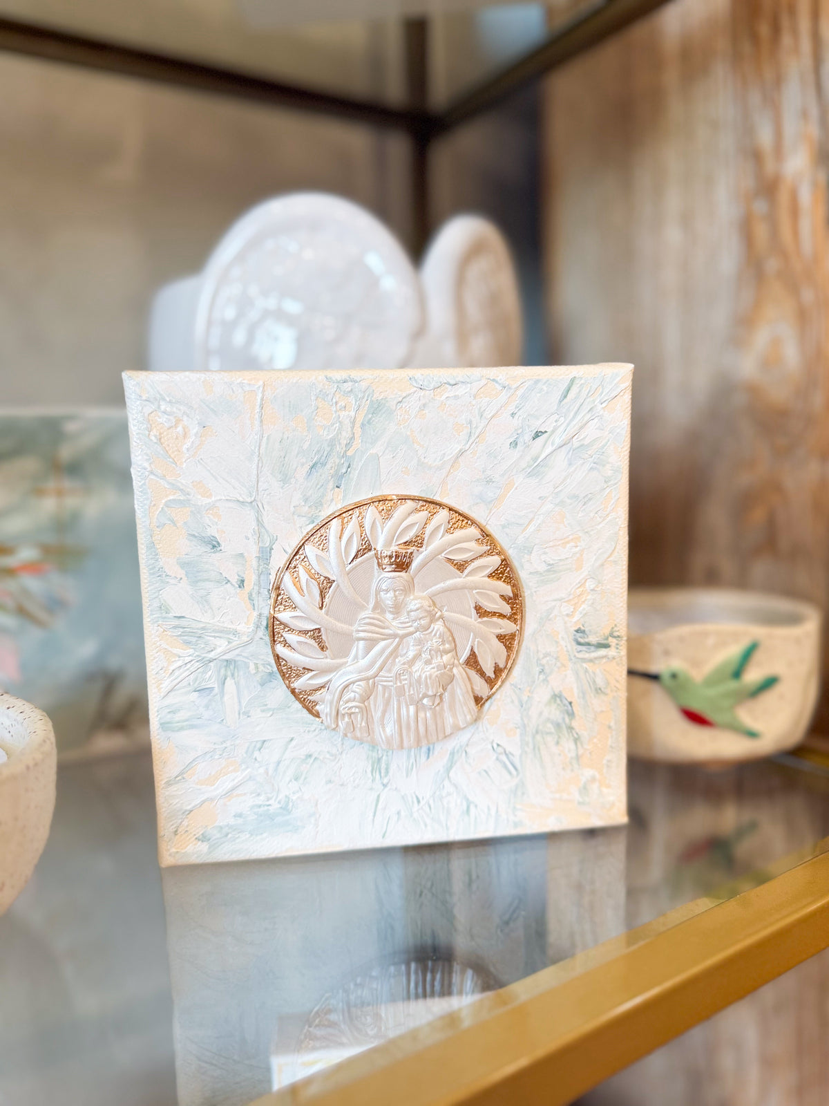 Our Lady of Mount Carmel-Circle Mold on 6x6 Peach/Blue Canvas