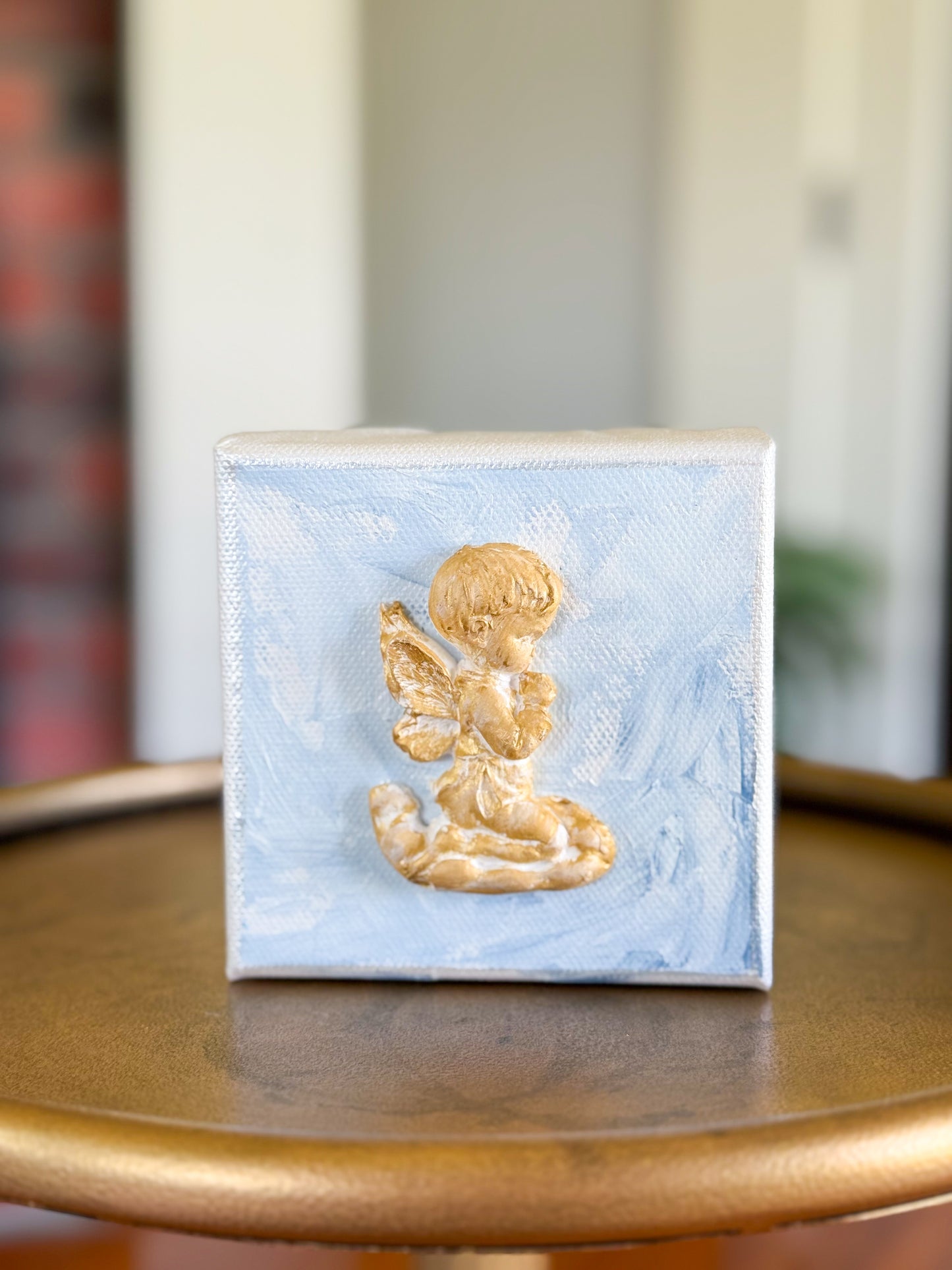A Child’s Prayer- Kneeling Angel on 4x4 Blue/White Canvas