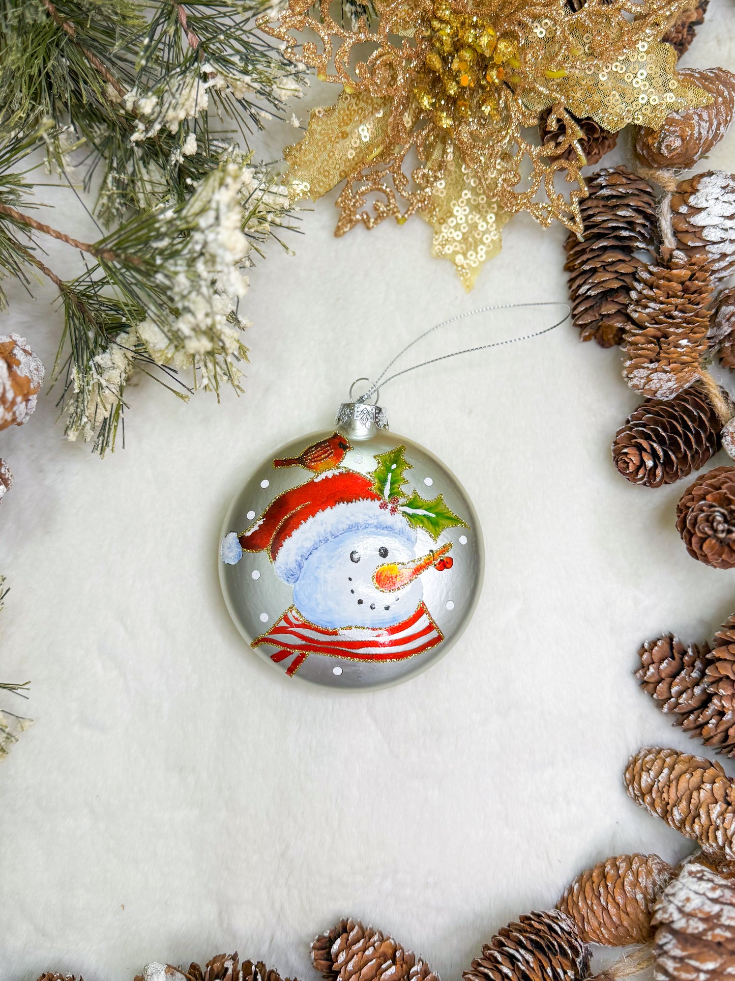 Snowman’s Cardinal Companion Glass Ornament