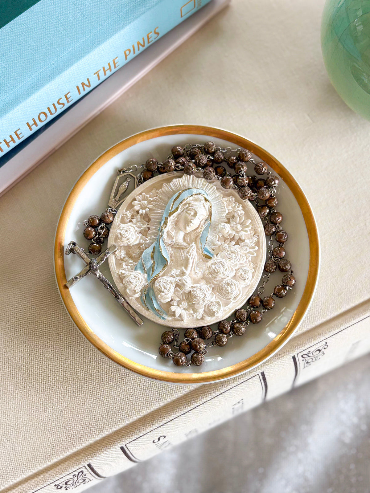 Sculpted Rose-Virgin Mary Gold Rim Plate