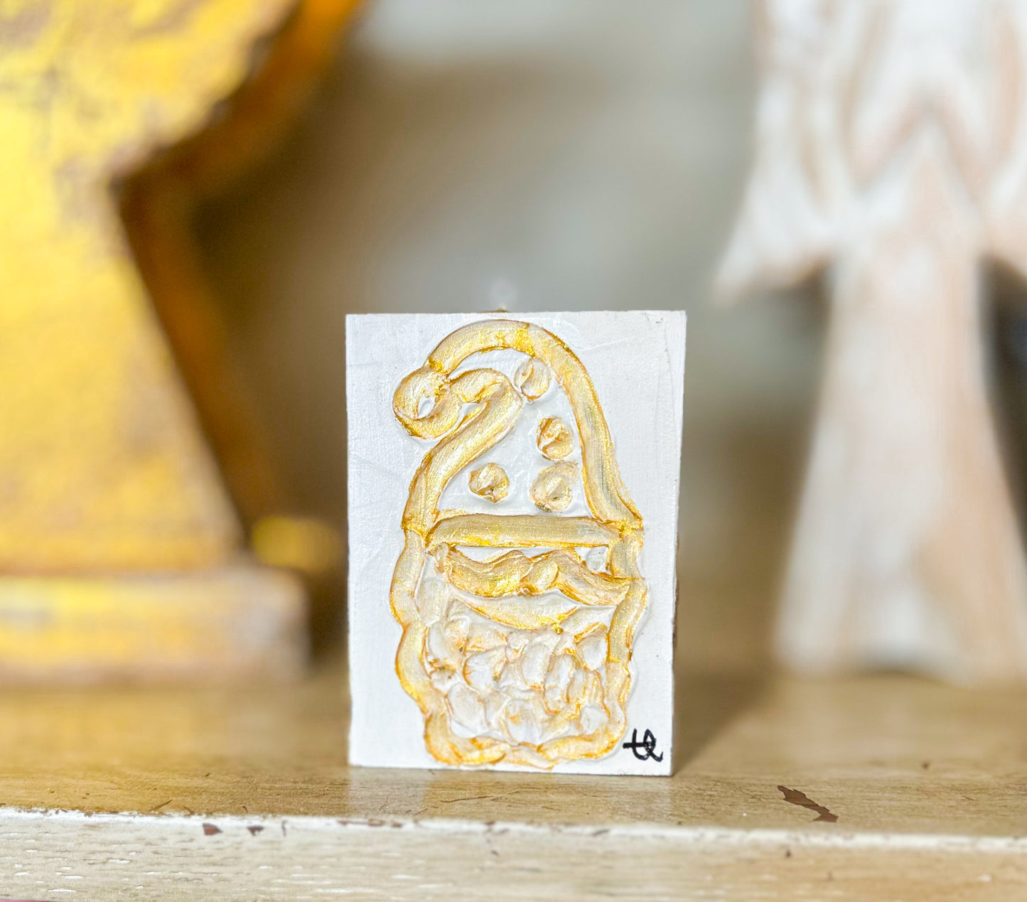 Mini Gold White Santa Wood Ornament