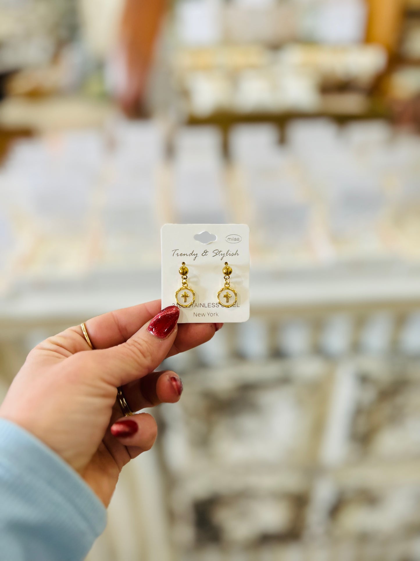 Trendy and Stylish Gold Circle Cross Dangle Earrings