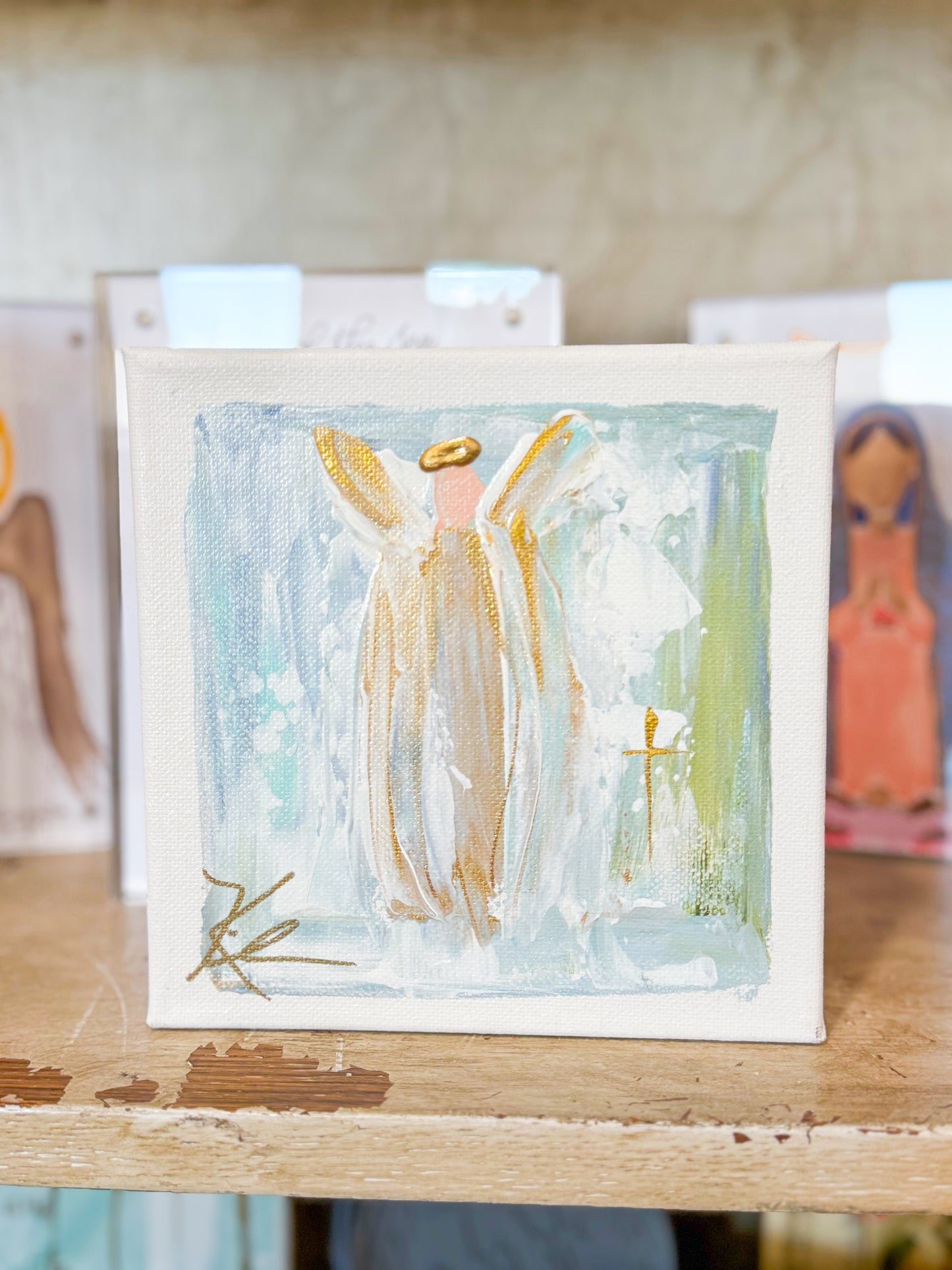6x6 Blue & White Angel with Green and Blue Accents — Hand-Painted Art