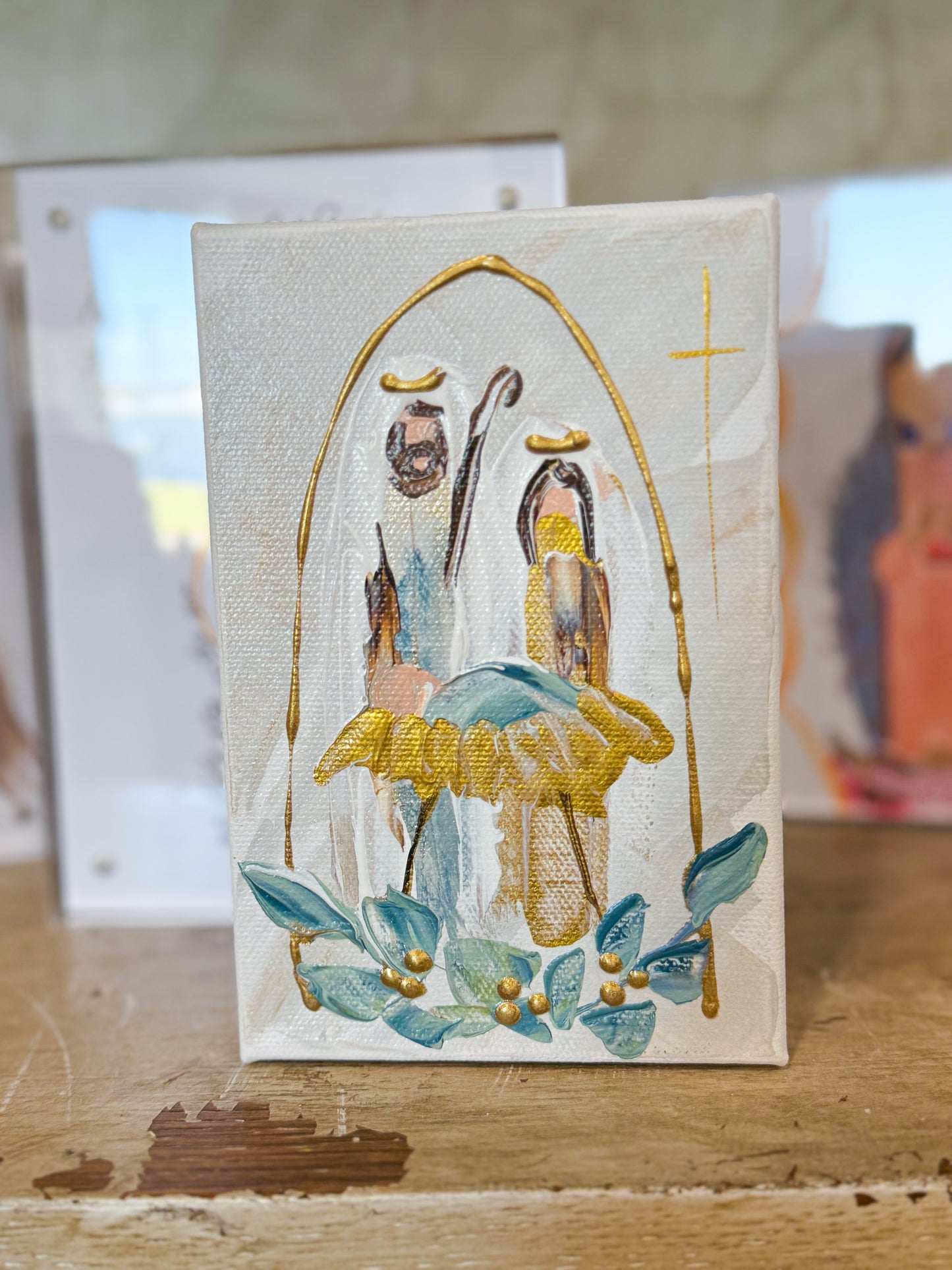 4x6 Mary, Joseph, & Baby Jesus in the Manger with Leaves Grey— Hand-Painted Art