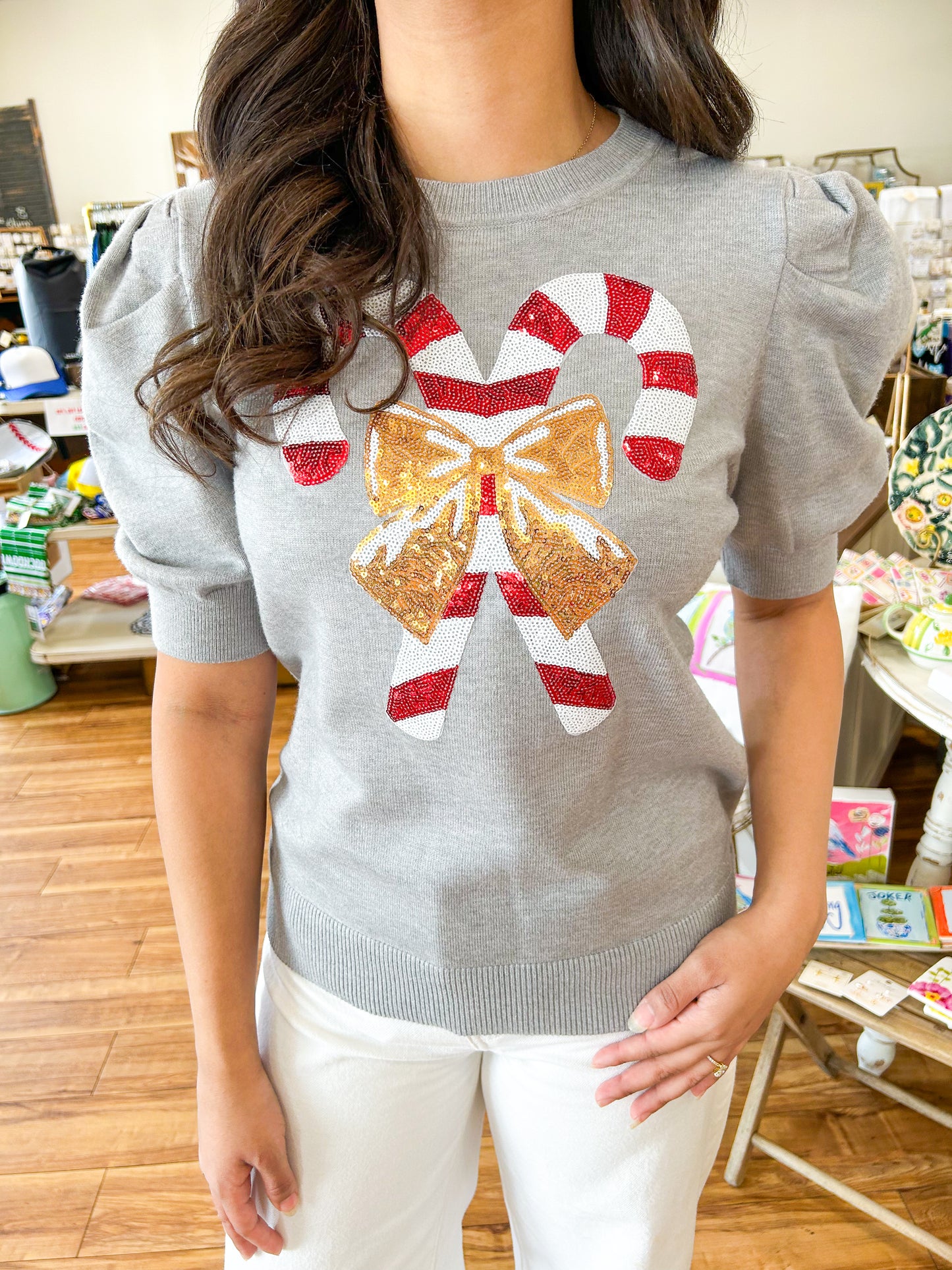 Candy Cane Short Sleeve Sweater- Grey
