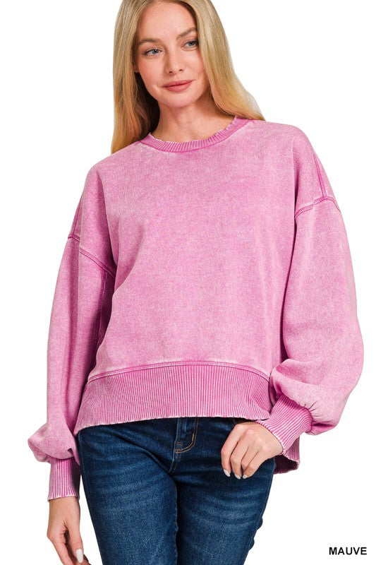 Acid Wash Fleece Oversized Pullover- Mauve