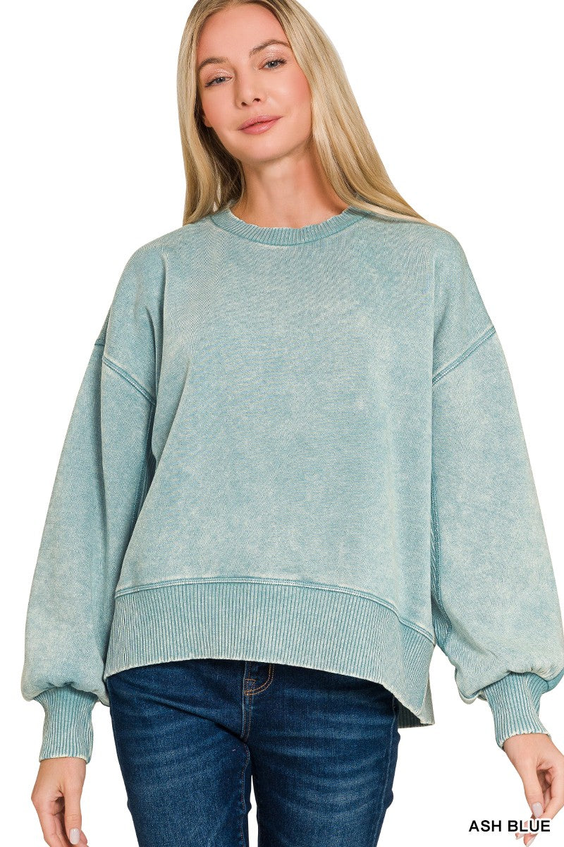 Acid Wash Fleece Oversized Pullover- Ash Blue