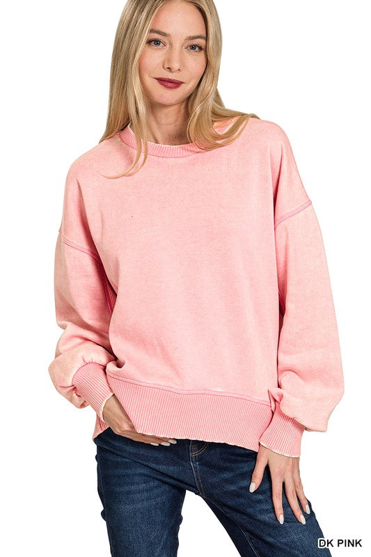 Acid Wash Fleece Oversized Pullover- Dark Pink