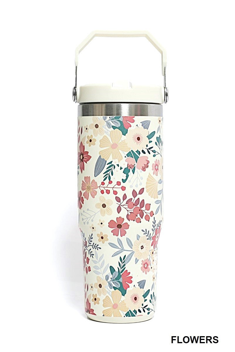 Floral Stainless Steel Straw Tumbler