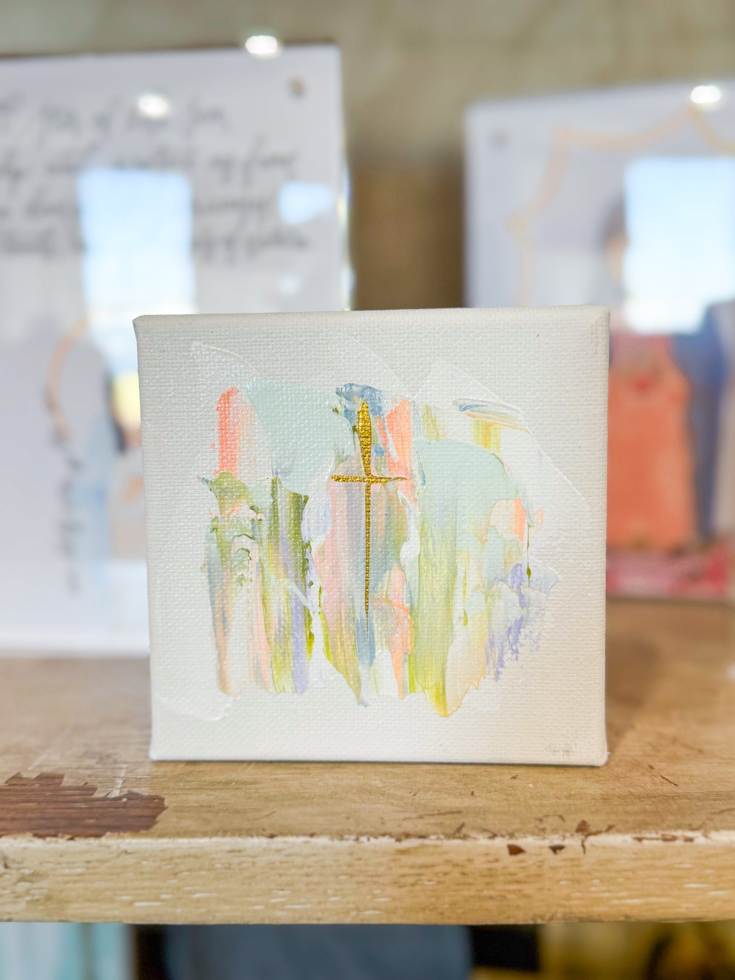 4x4 Gold Cross with Pastel Background Accents — Hand-Painted Art