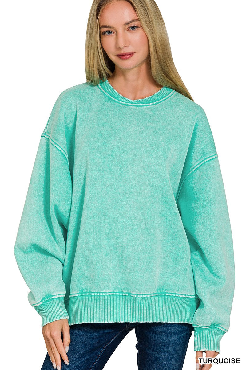 Cross Crew Acid Was Oversized Fleece Pullover- Turquoise