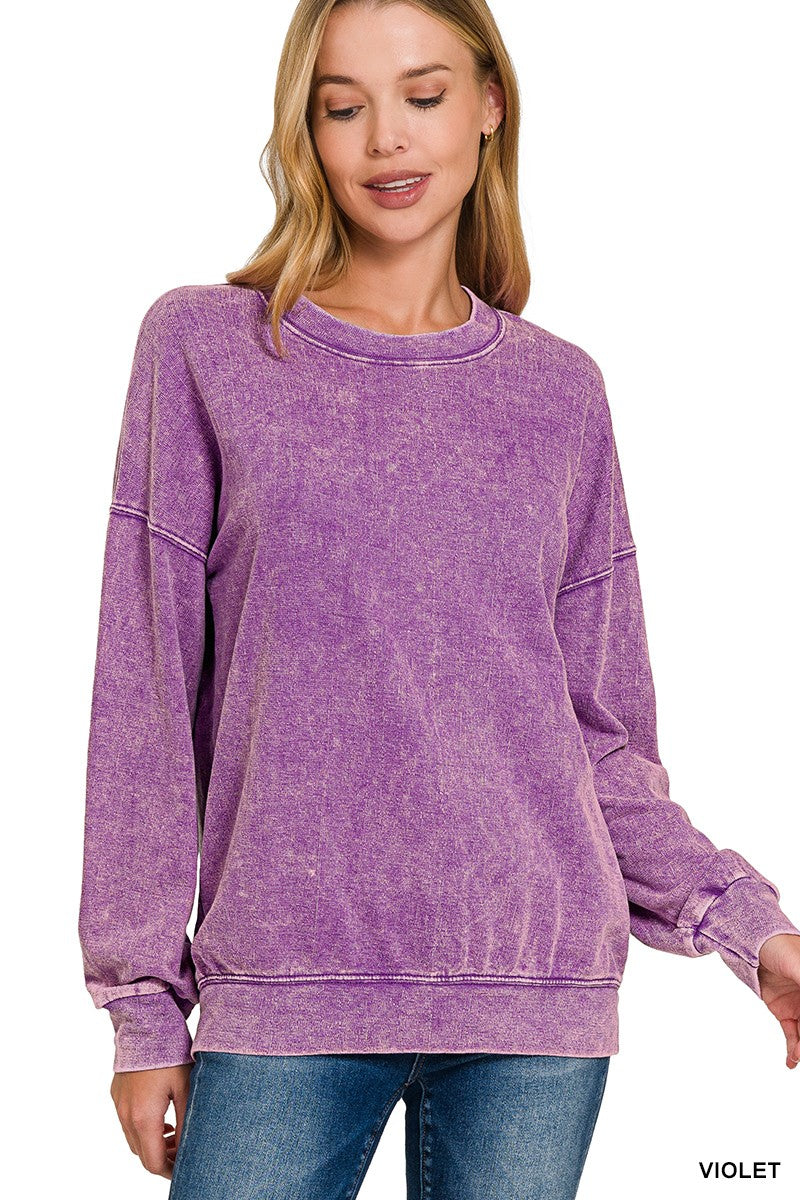 Washed Round-Neck Pullover Sweatshirt
