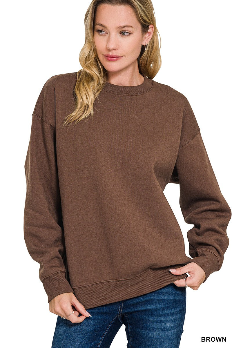 Fleece Crewneck Pullover Sweatshirt- Brown