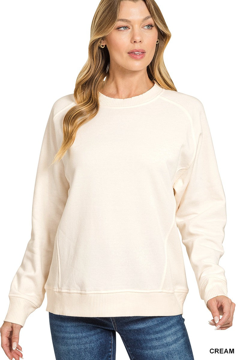 Cream- Fleece Round Neck Ribbed Side Raglan Sweatshirt