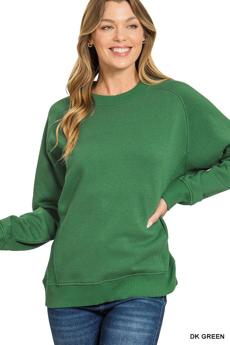 Dark Green- Fleece Round Neck Ribbed Side Raglan Sweatshirt
