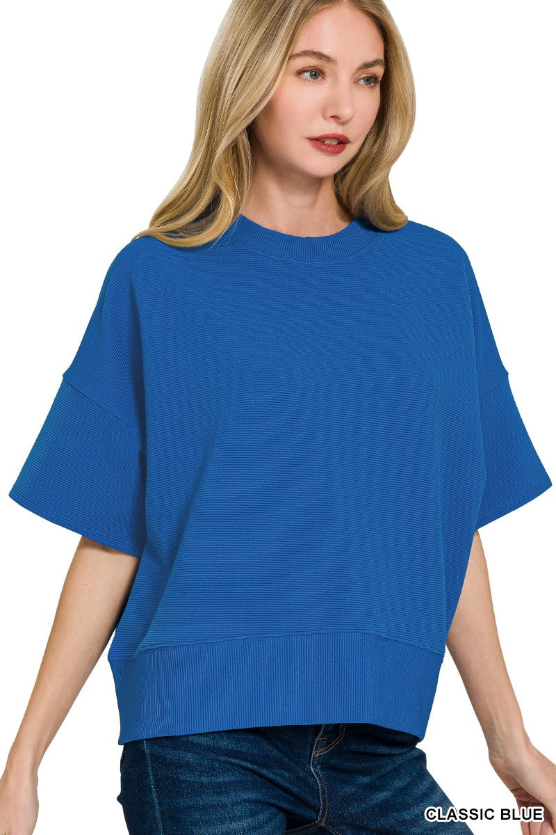 Ribbed Round Neck Waist Banded Tee Shirts-Royal Blue