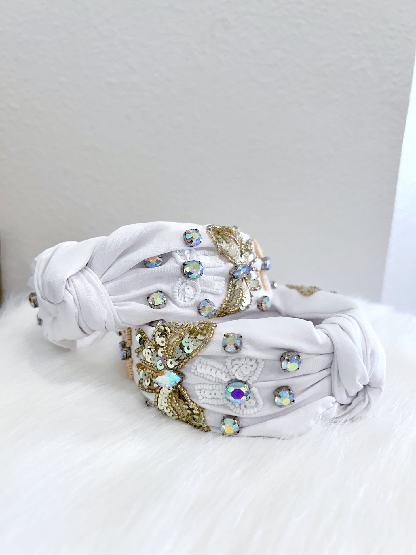 Jeweled Knot White Bow Headband