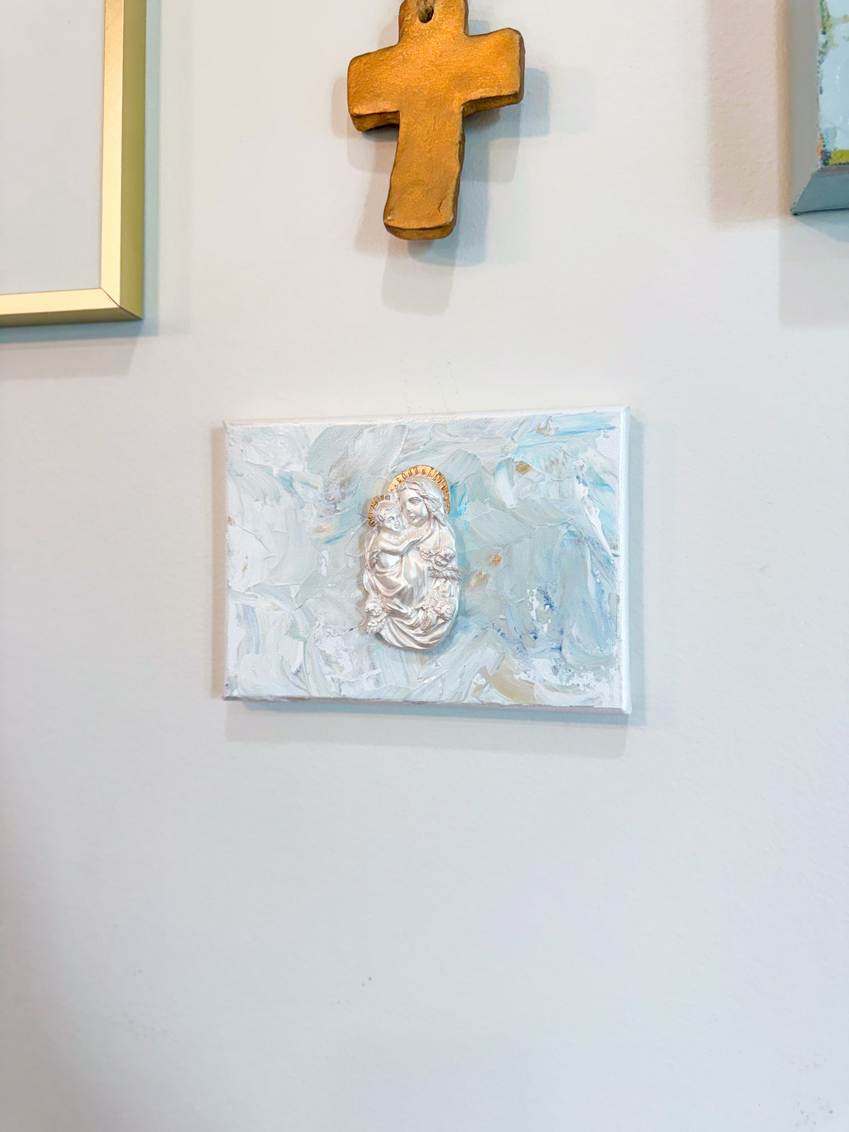 Madonna & Child on 5x7 Beige/Pastel Blue Canvas