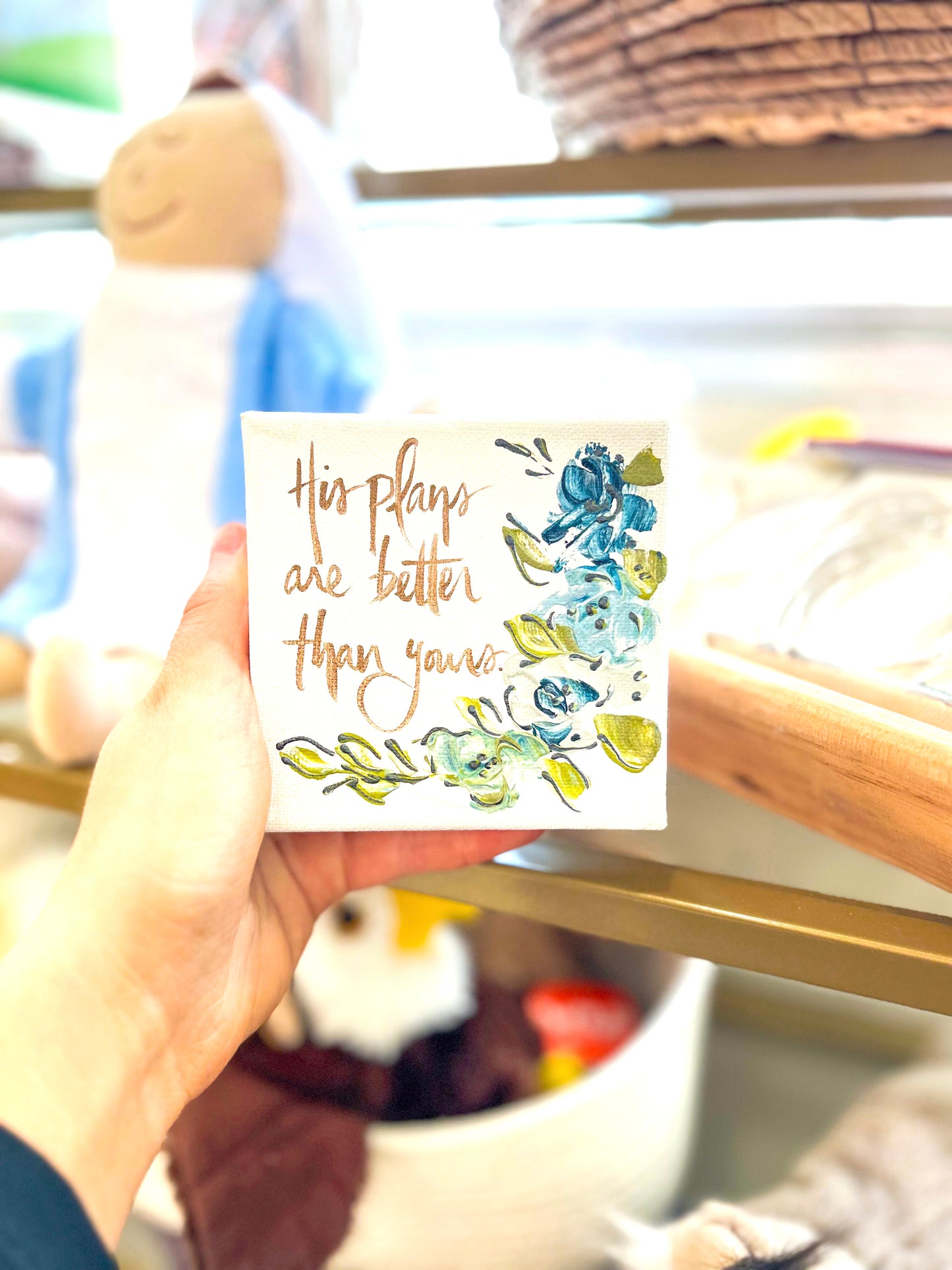 4x4 His Plans Are Better Than Yours Blue Floral Canvas Art