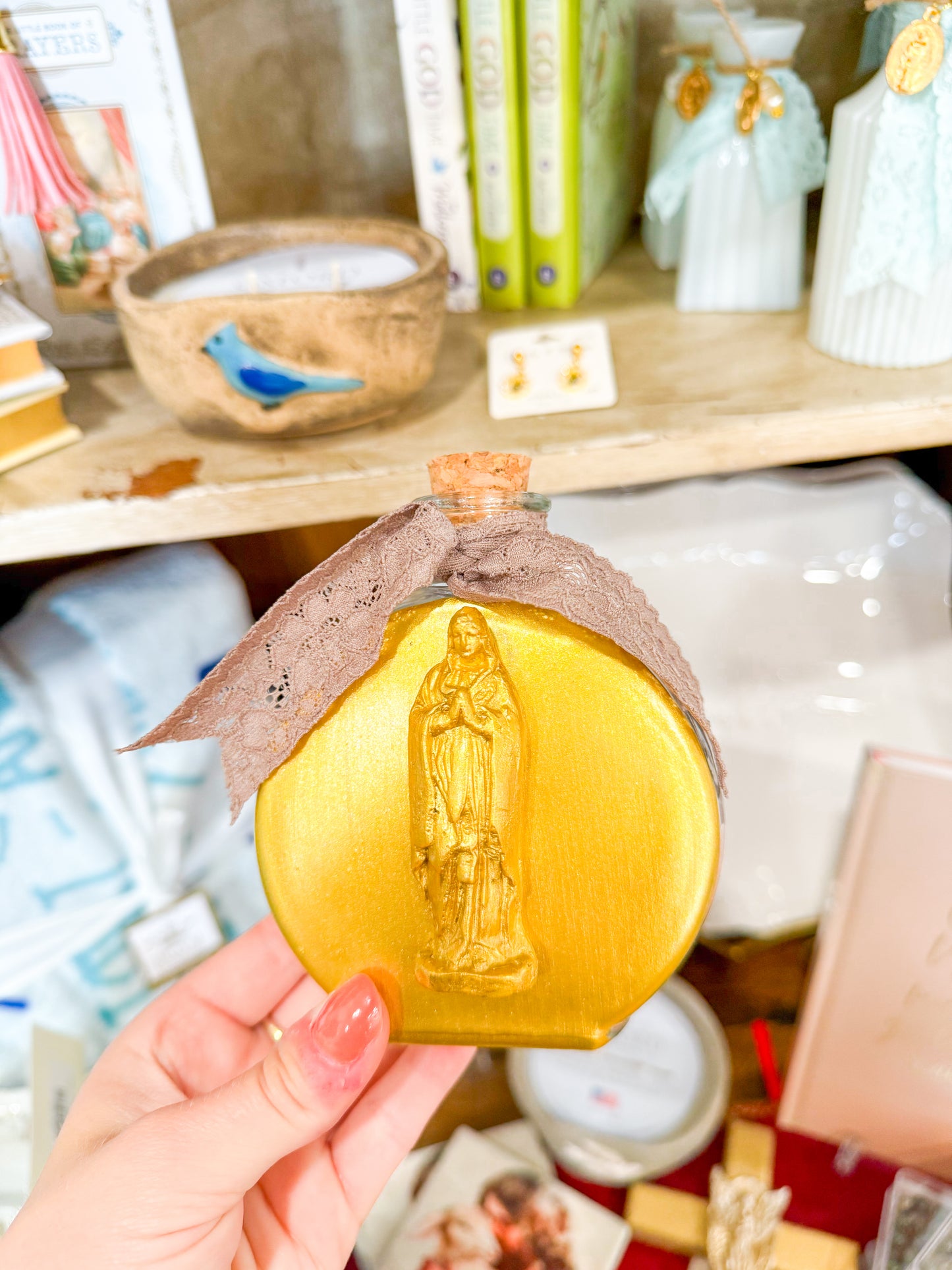 Our Lady of Grace Holy Water Container-Taupe Lace
