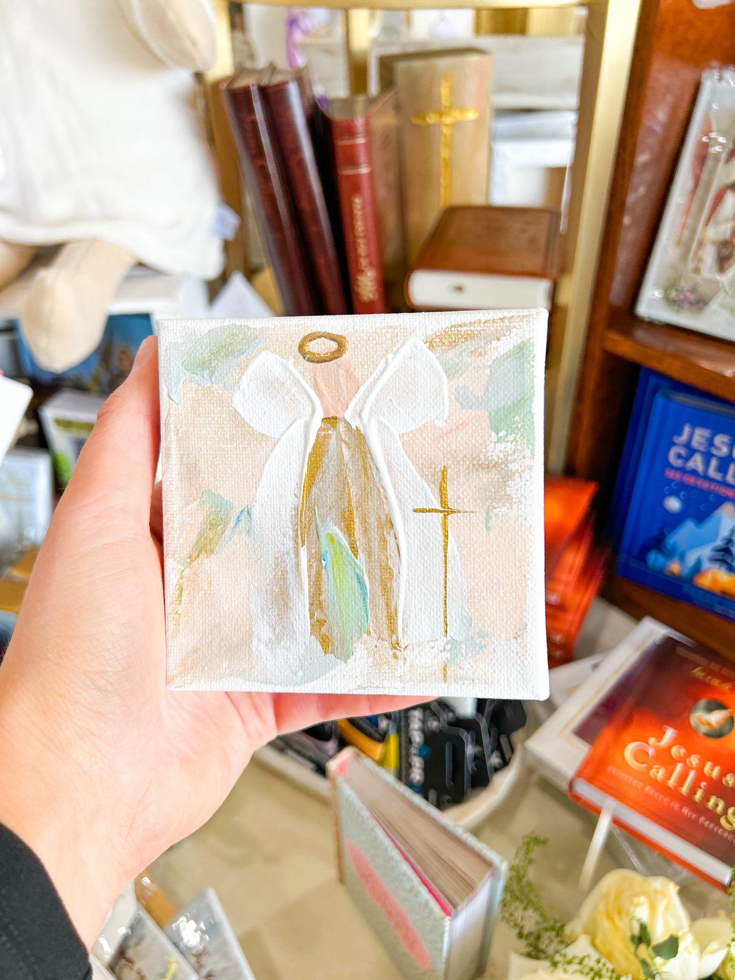 4x4 Gold and White Angel with Tan Background