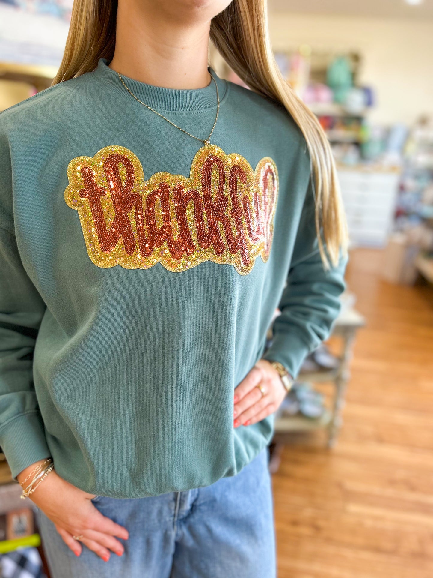Sequin Thankful Sweatshirt- Teal