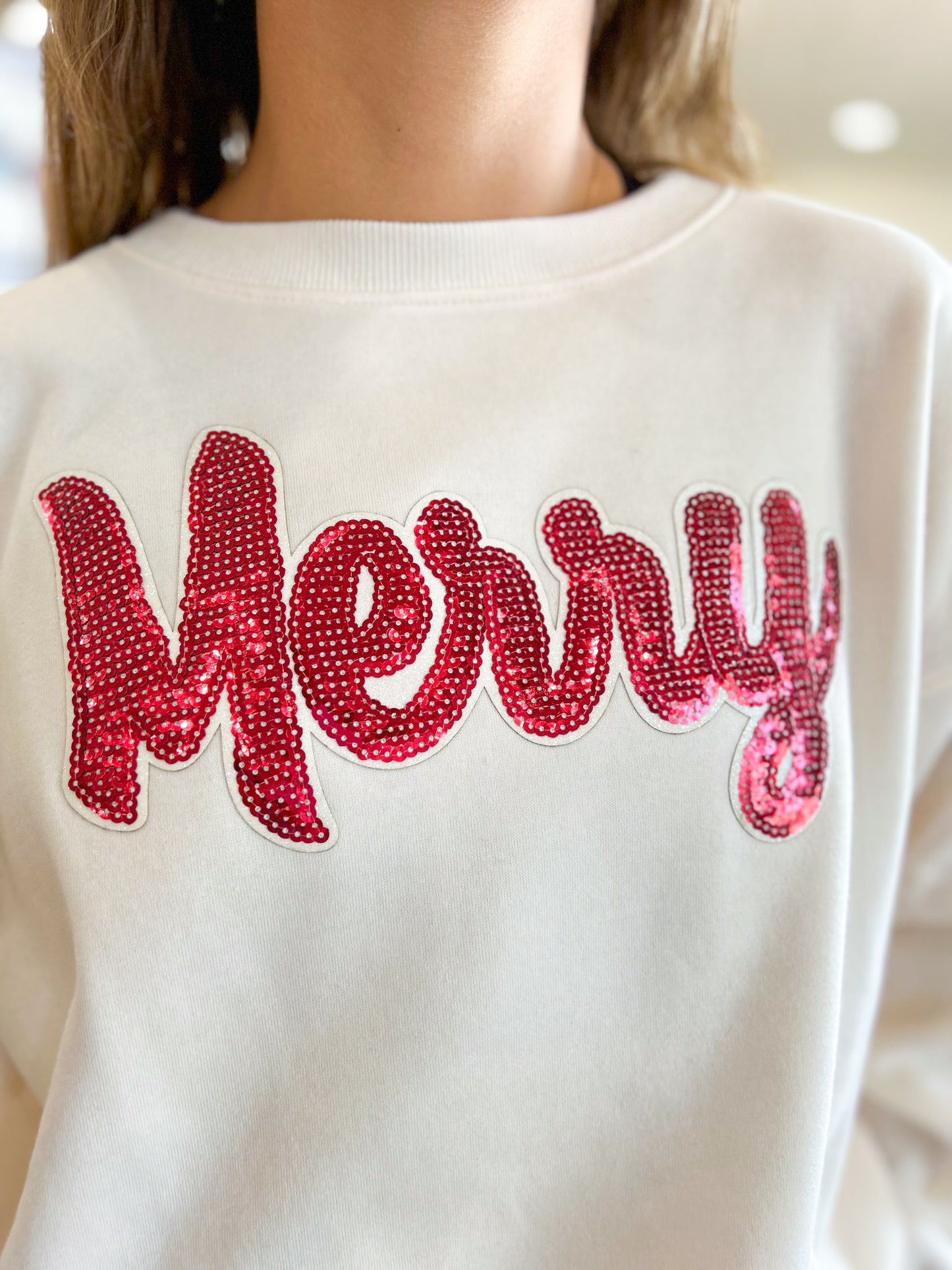 Sequin Merry Christmas Sweatshirt- Cream