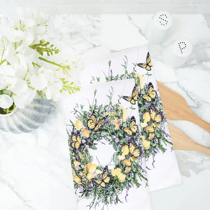 Floral Yellow Butterfly Wreath Kitchen Towel