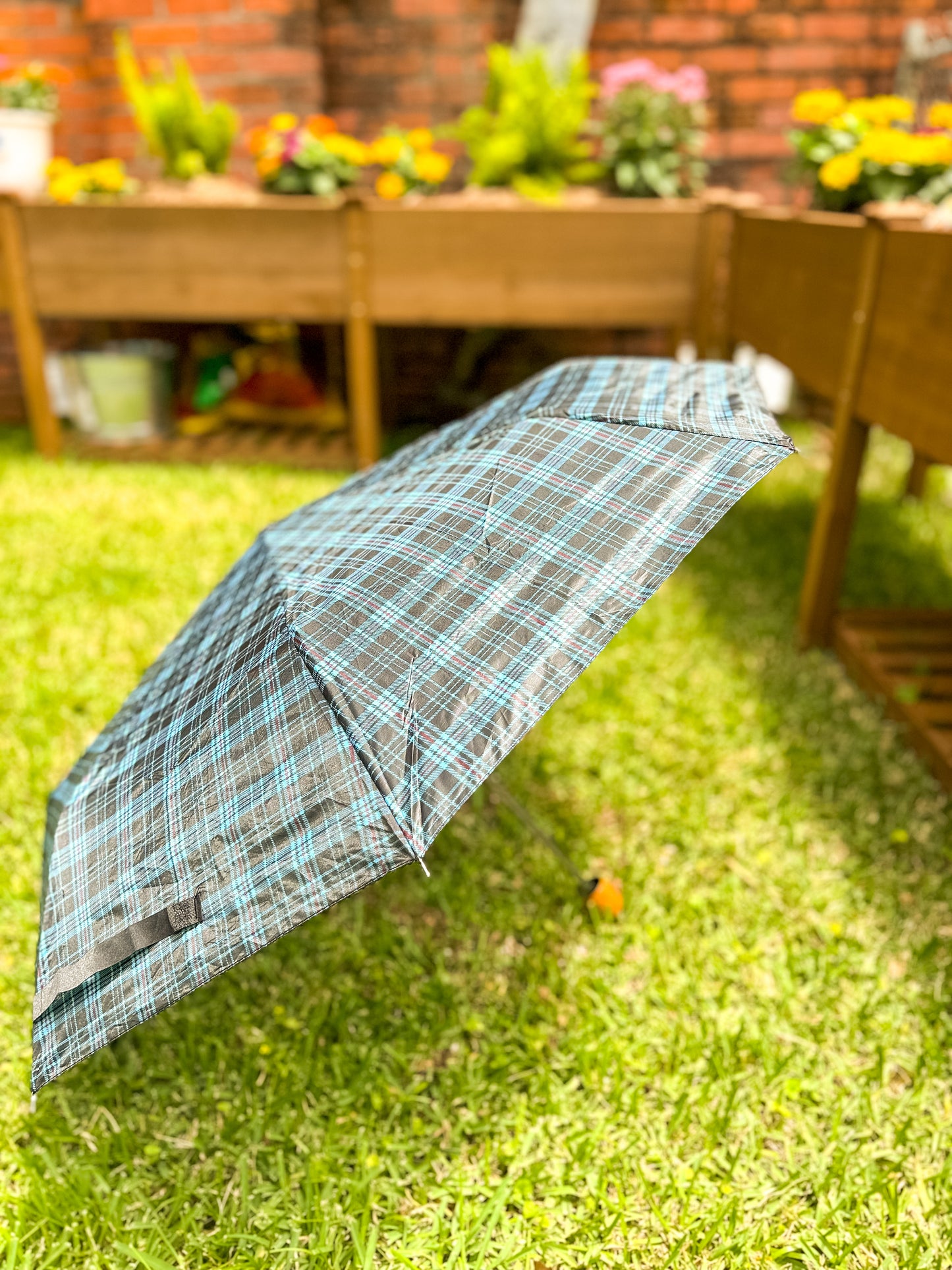 Blue Plaid Compact Umbrella