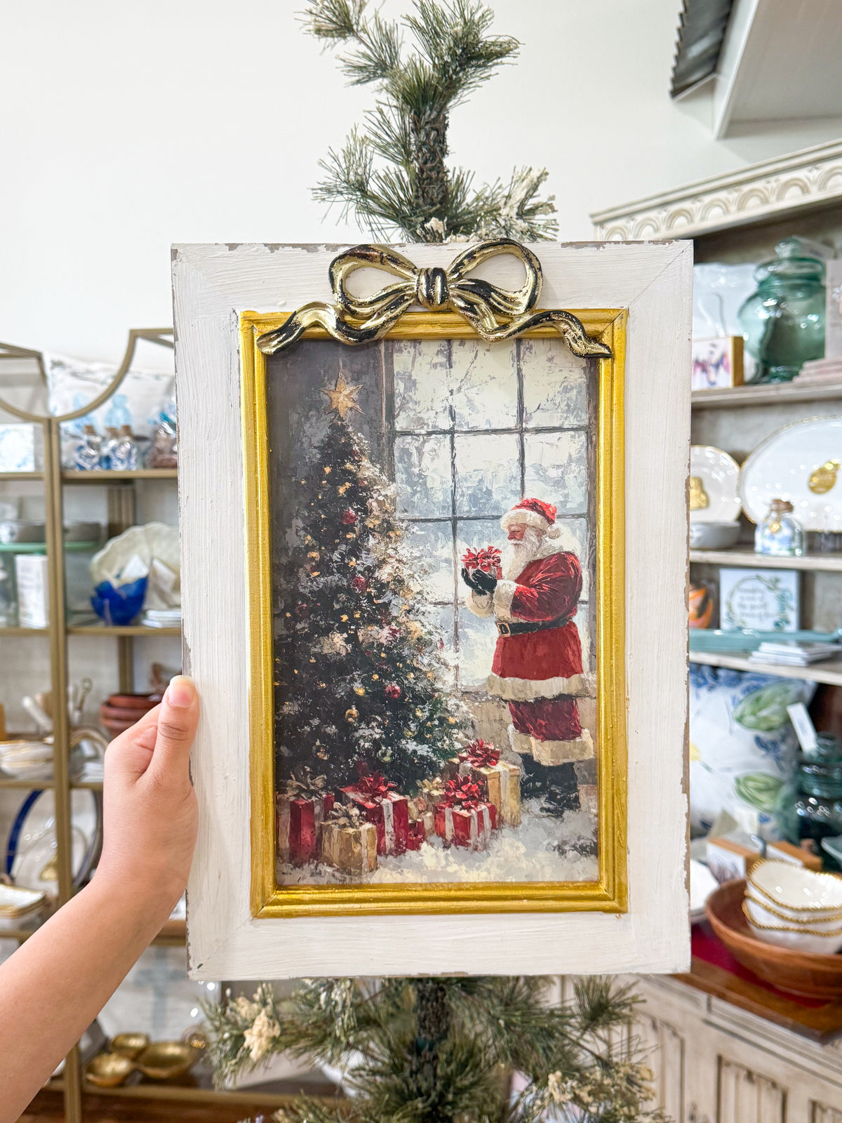 16x11 Bow Framed Santa with Presents Art