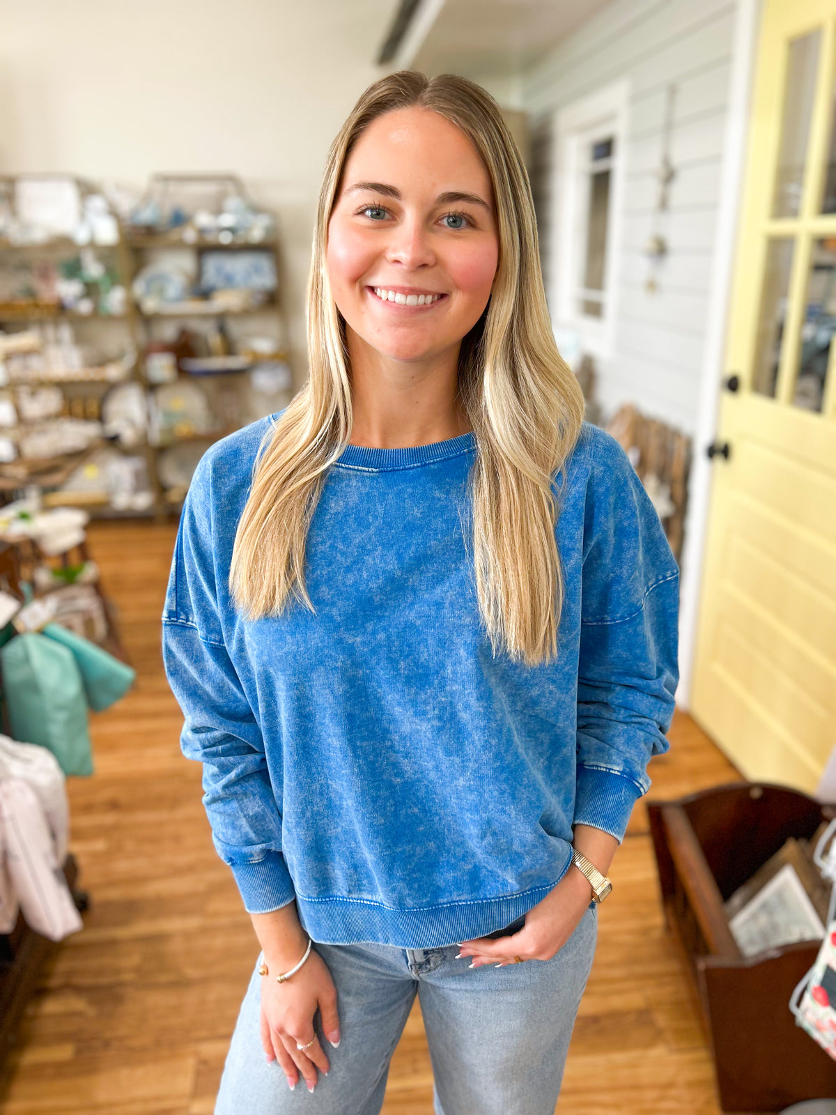 French Terry Acid Wash Boat Neck Pullover