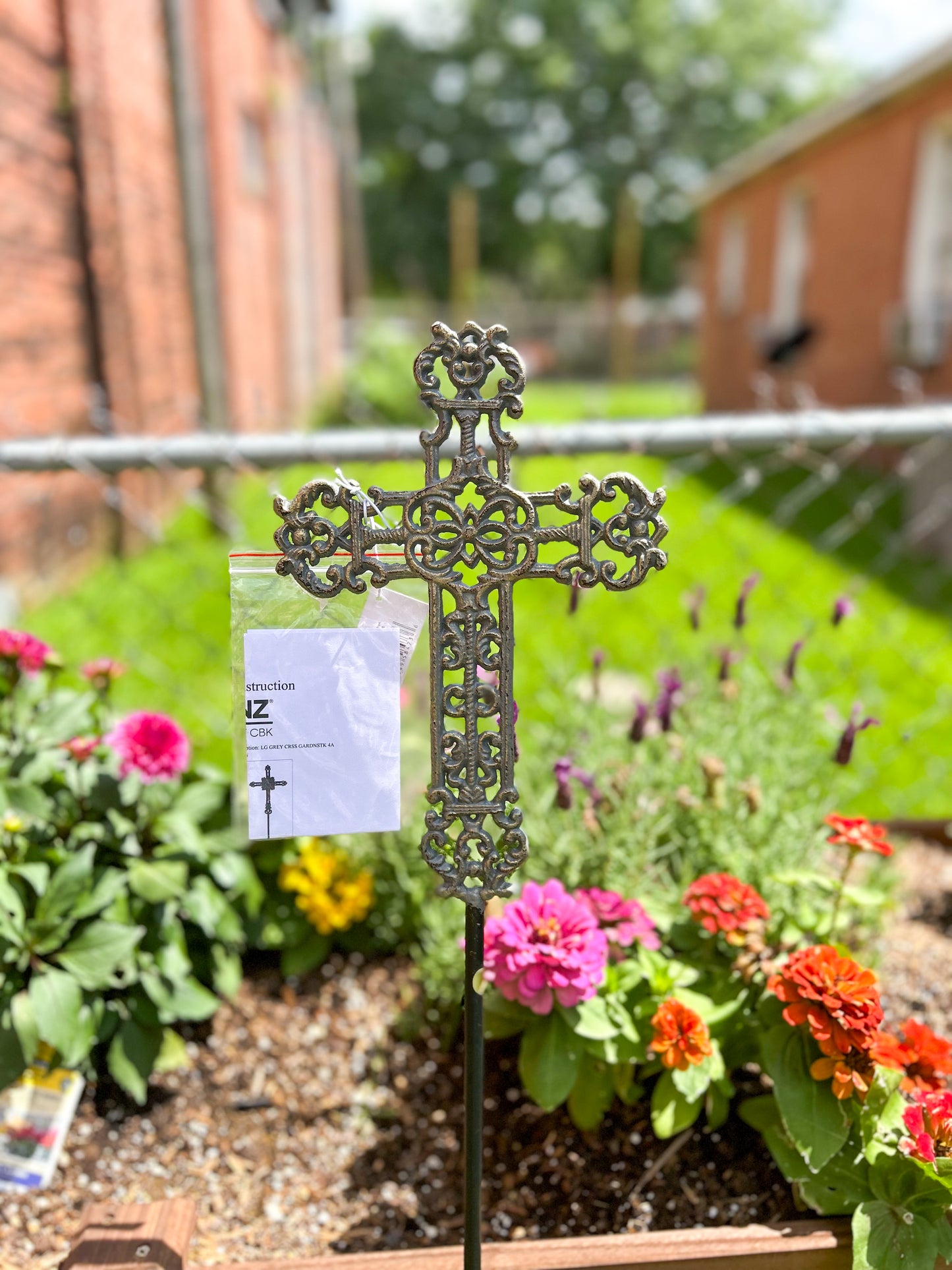 Large Grey with Gold Brush Cross Garden Stake