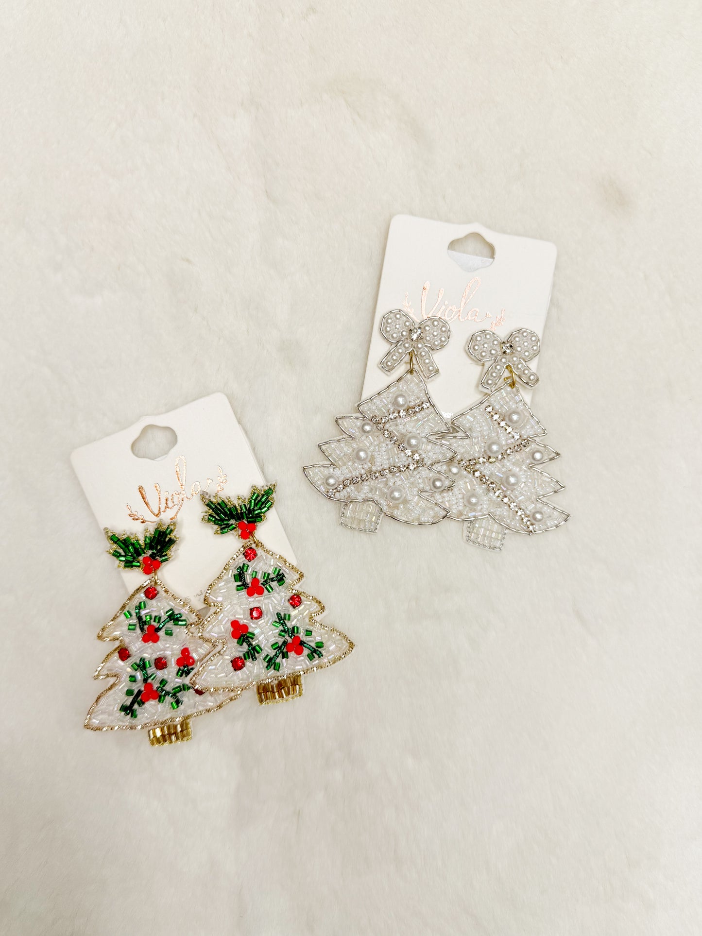 Twinkling Branches White Beaded Christmas Tree Earrings