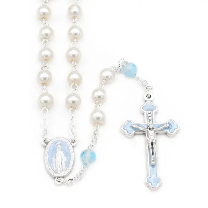 Pearl with Blue Pater Beads Miricale Medal Rosary