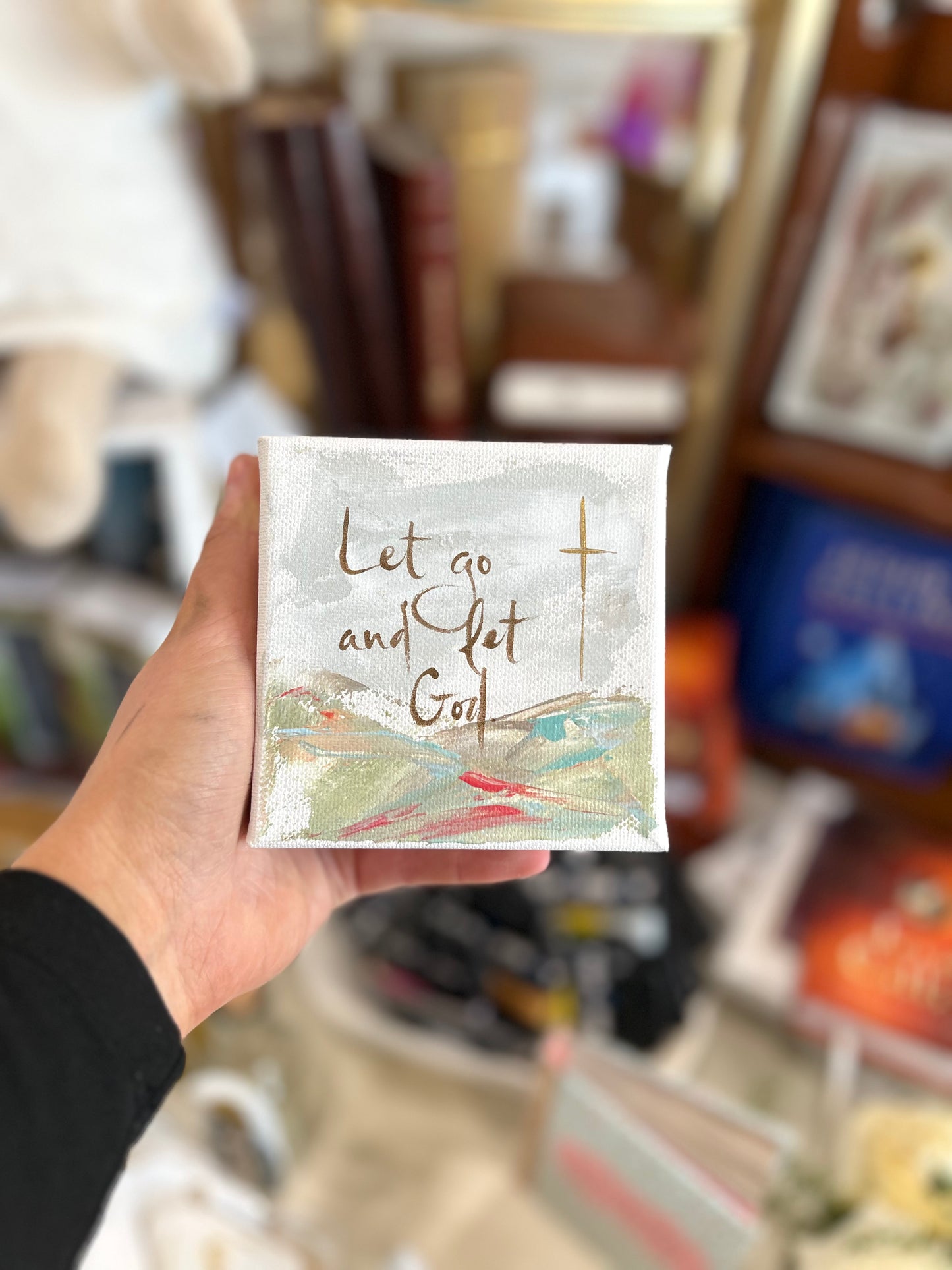 4x4 Let Go and Let God with Gold Cross Canvas Art