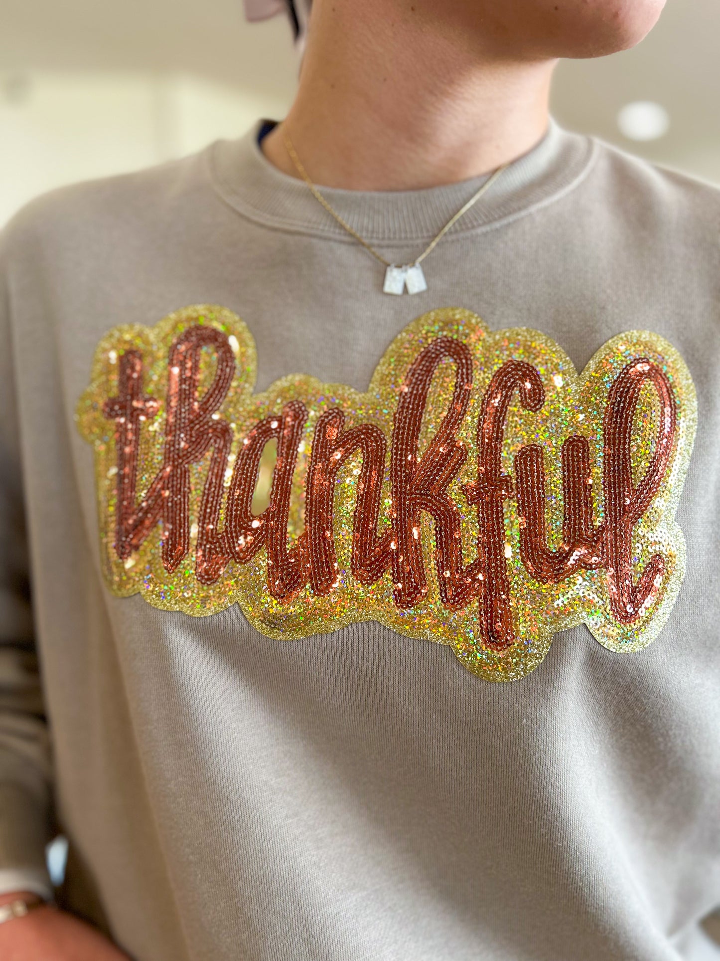 Sequin Thankful Sweatshirt- Mocha