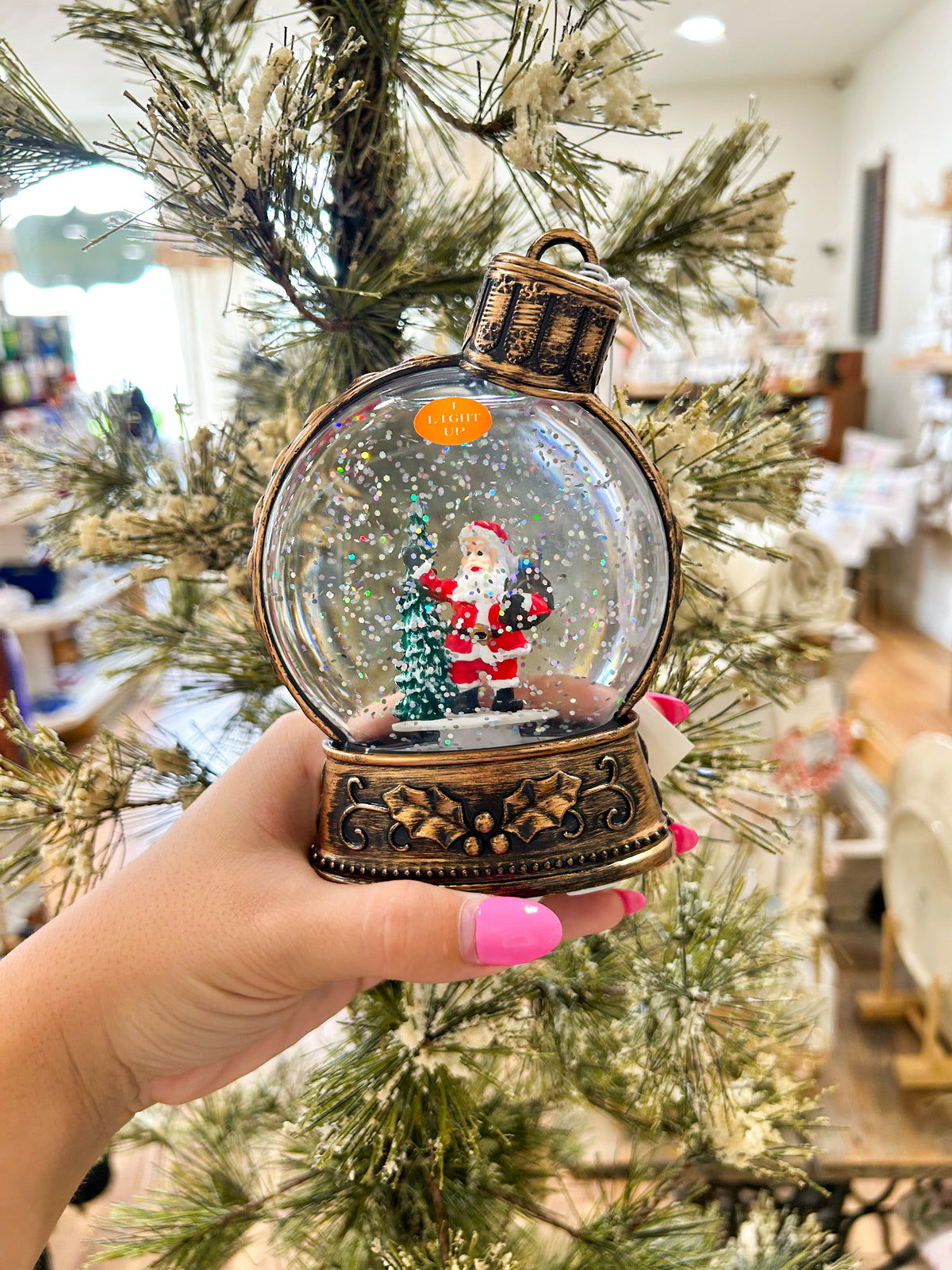 Flat Snowglobe Ornament-- Santa, Child at Christmas, & Snowman
