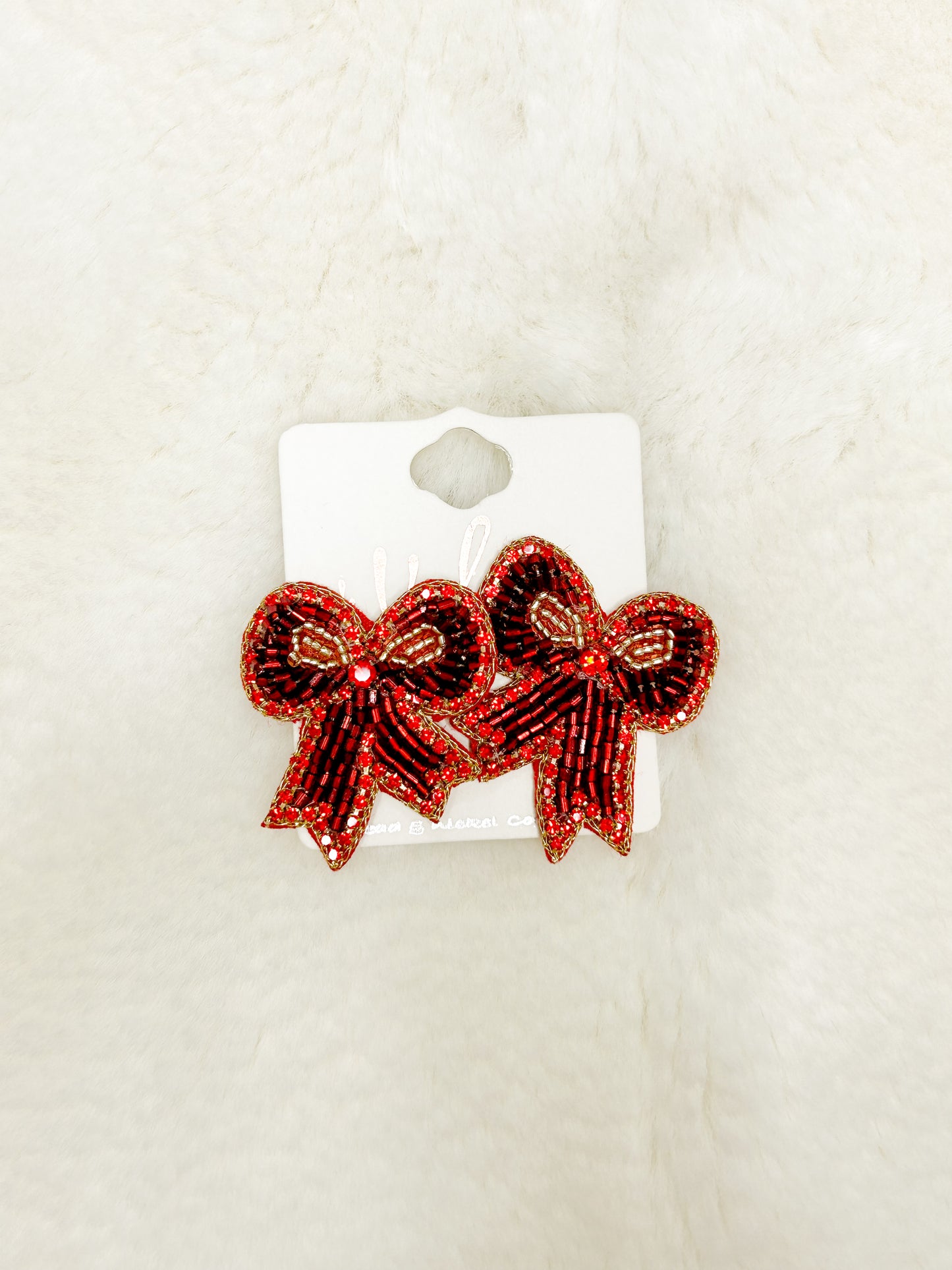 Big Red Bow Beaded Christmas Earrings