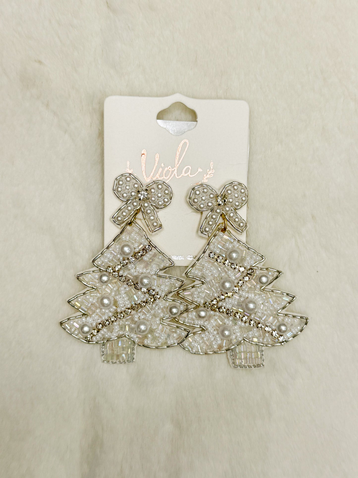 Twinkling Branches White Beaded Christmas Tree Earrings