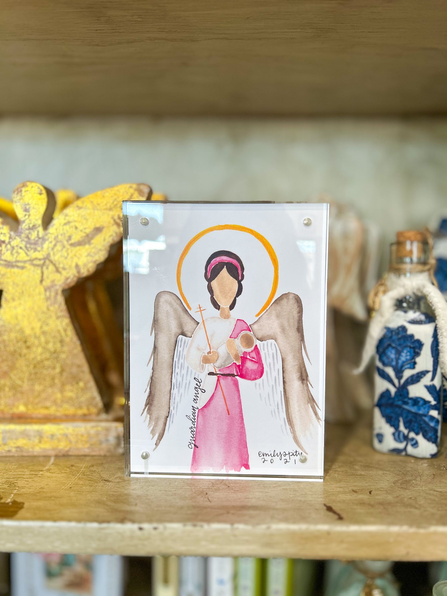 5x7 Print Emily S. Pitre Art/Guardian Angel Pink Frame