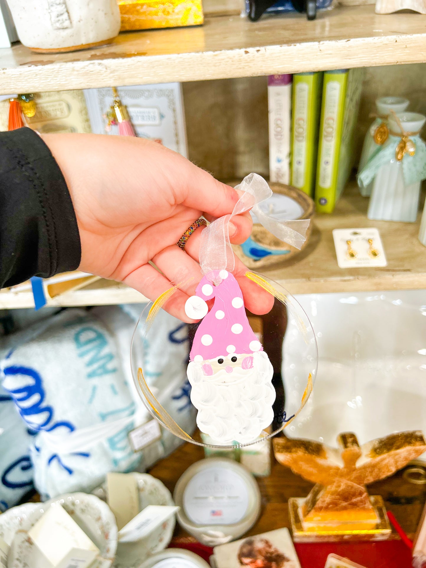 Acrylic Pink Polka Dot Santa Ornament