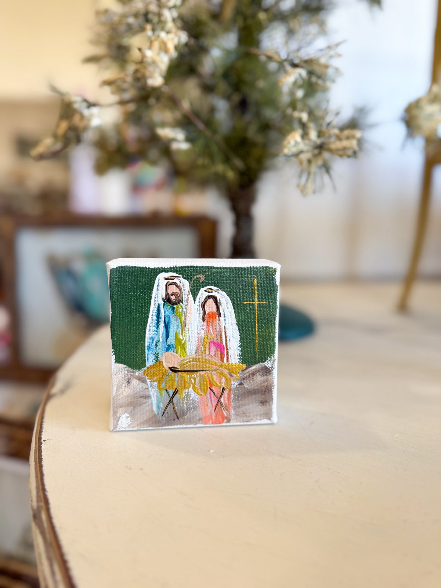 4x4 Evergreen Holy Night Nativity — Hand-Painted Art