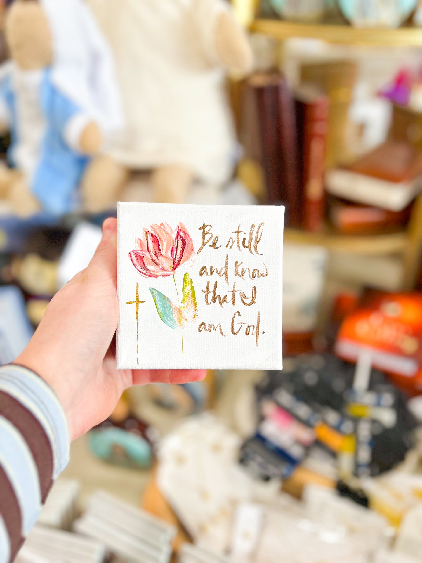 4x4 Be Still and Know That I Am God with Pink Flower Canvas Art