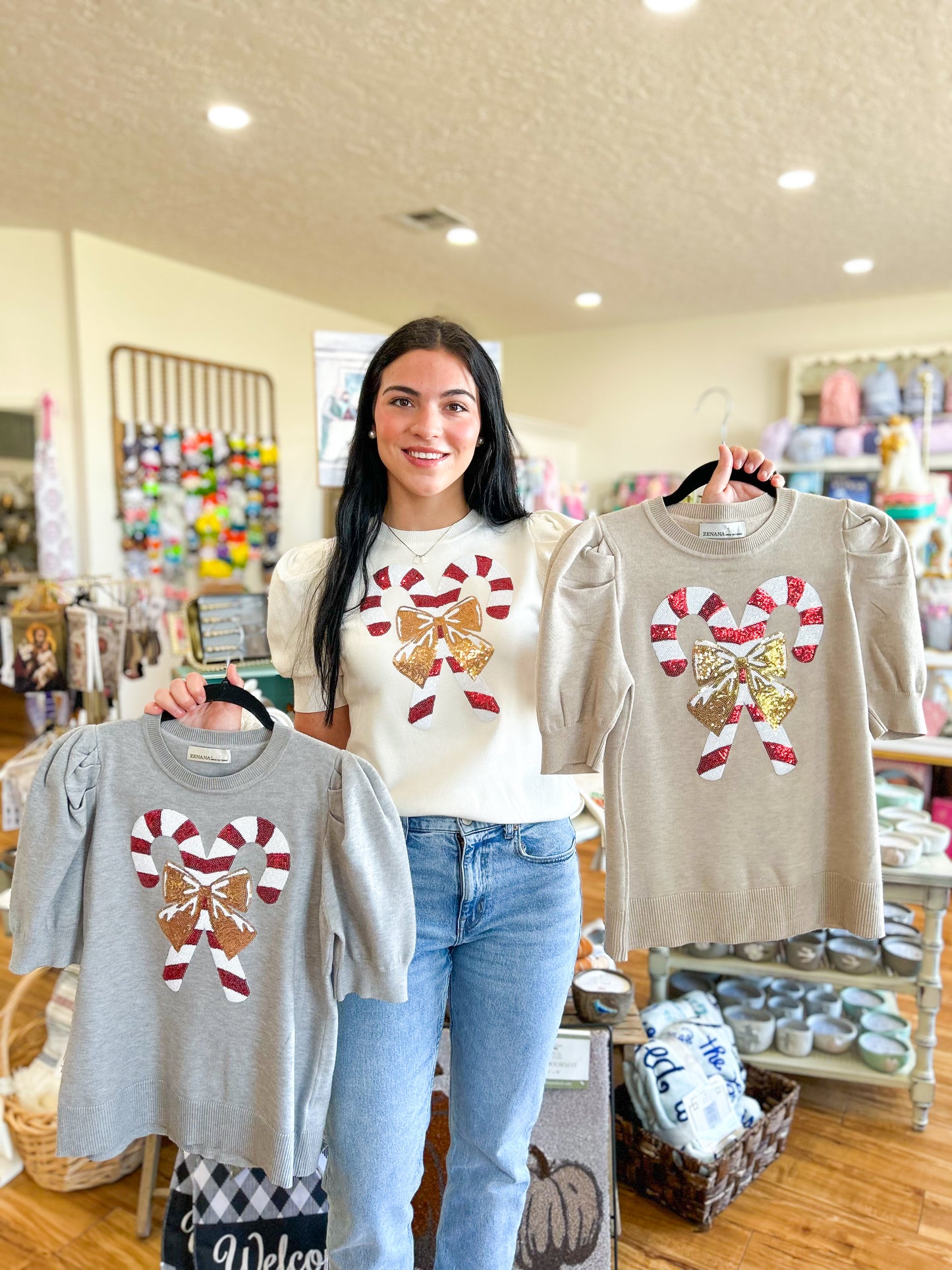 Candy Cane Short Sleeve Sweater- Grey