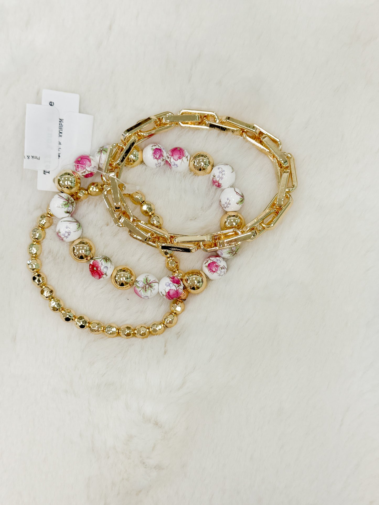 Pink & White Floral Beads Gold Stack Bracelets