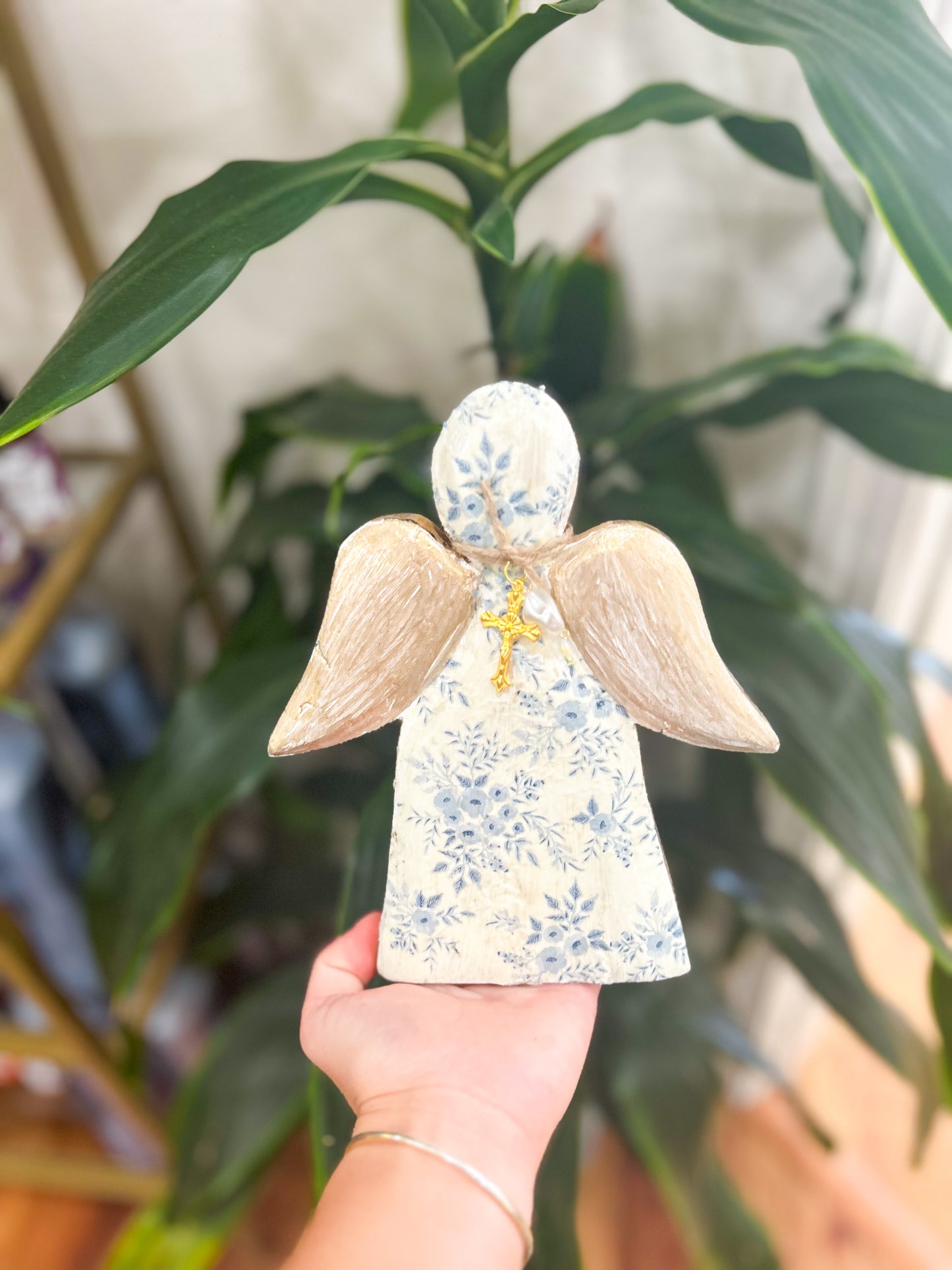 Wooden Floral Angel with Gold Wings