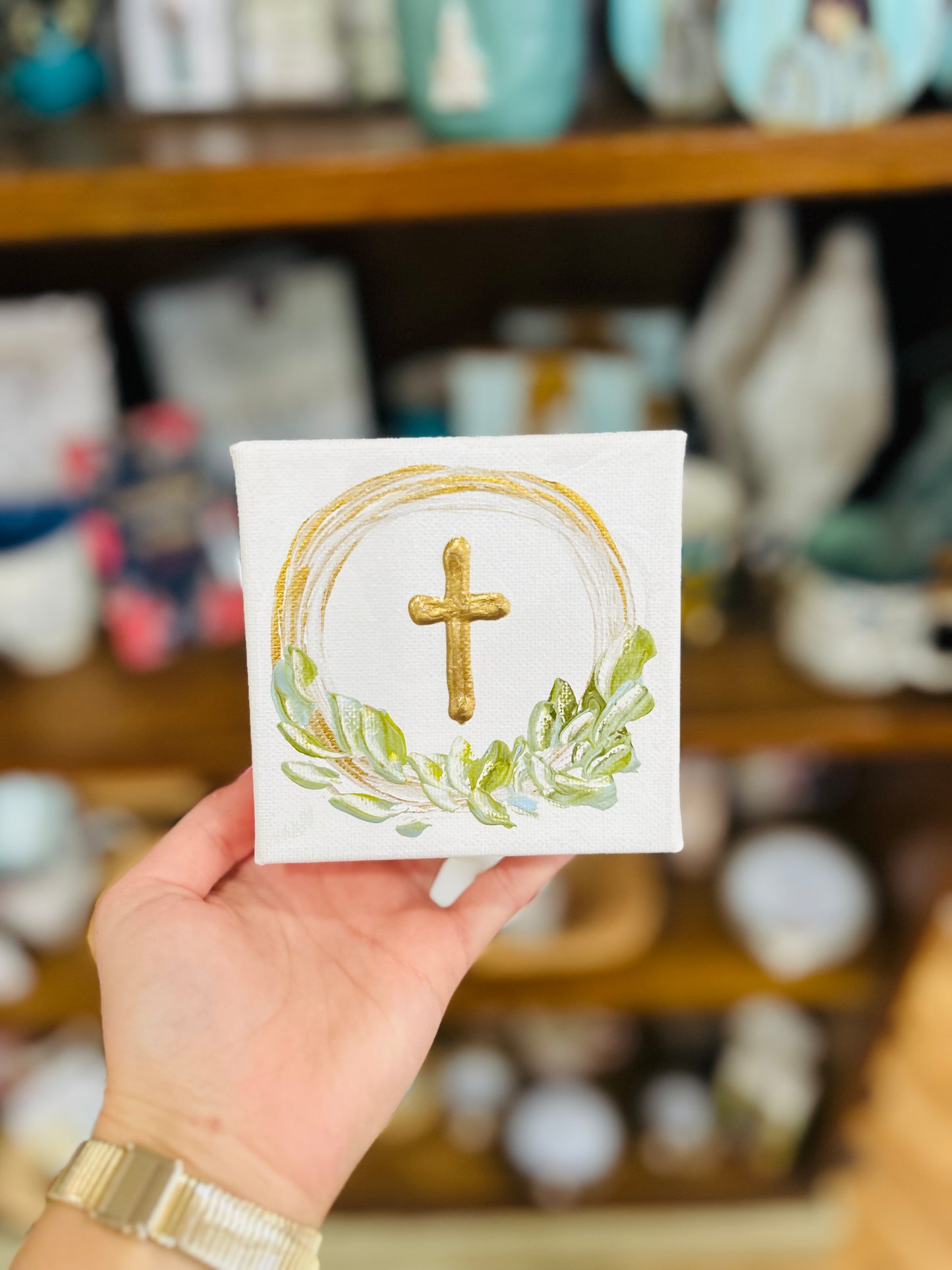 4x4 Gold Cross with Green and Gold Circle