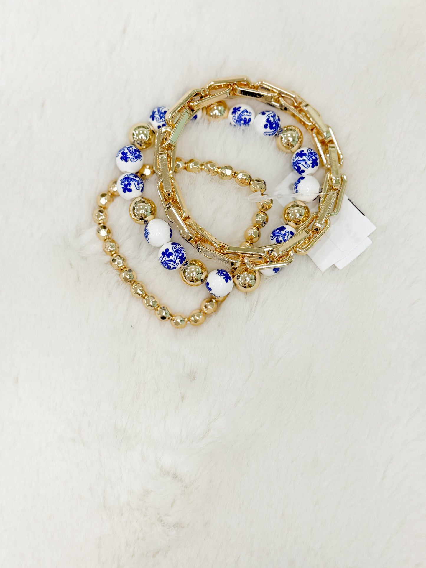 Blue & White Floral Beads Gold Stack Bracelets