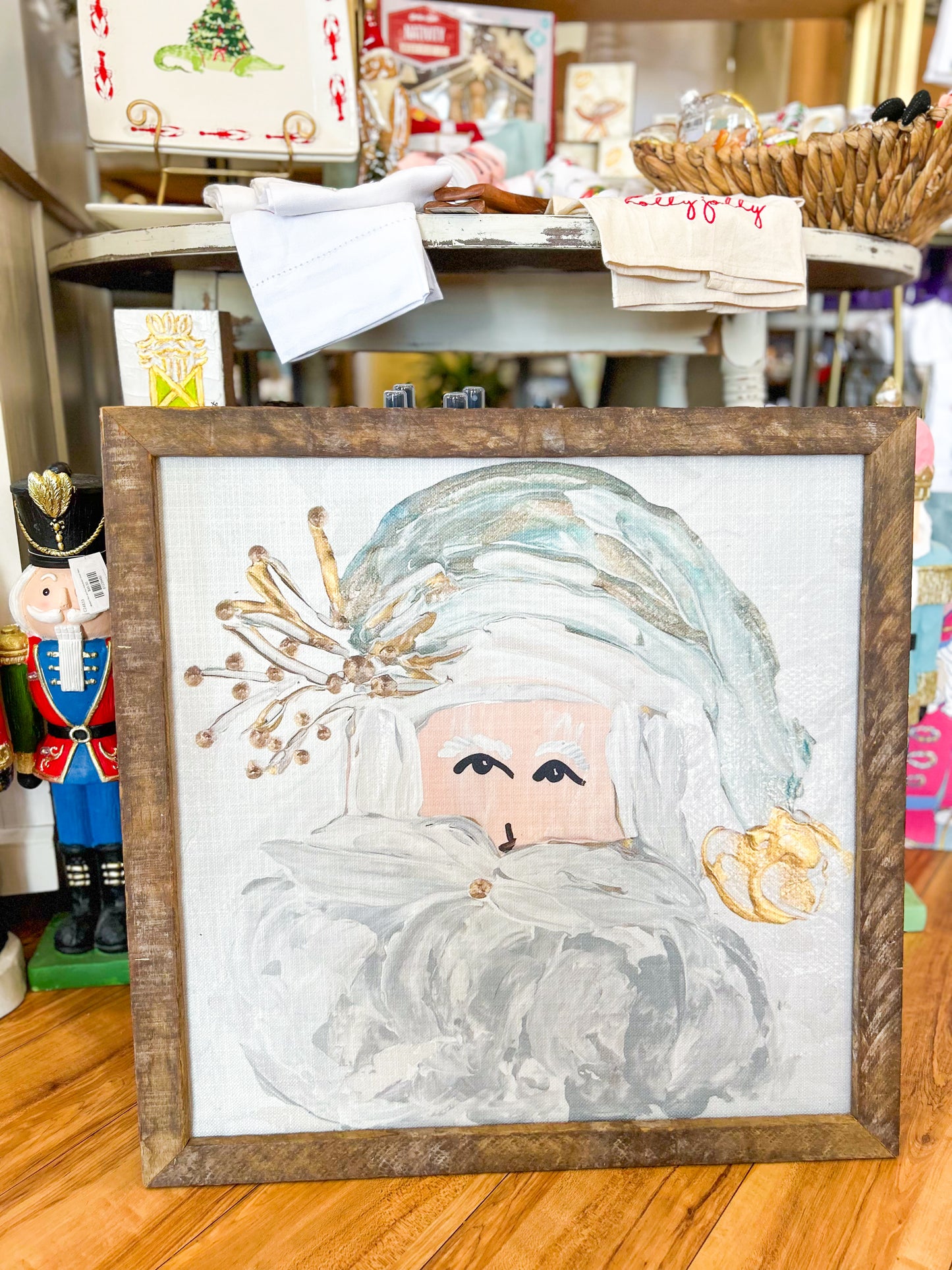 GA Teal Santa Framed Art 24x24